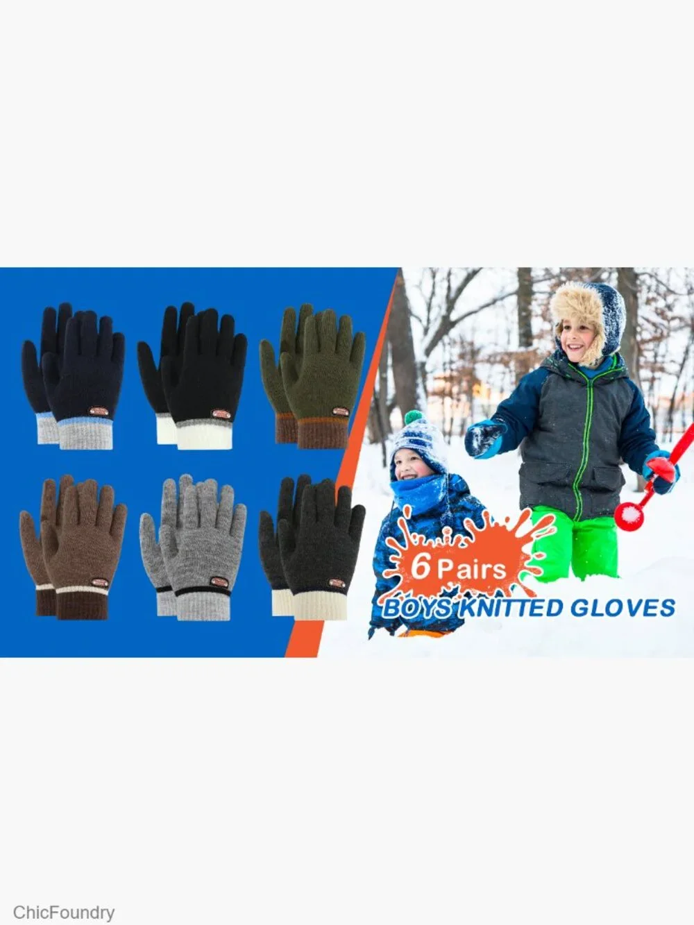 6 Pairs Kids Winter Gloves Stretchy Knitted Mittens Lined